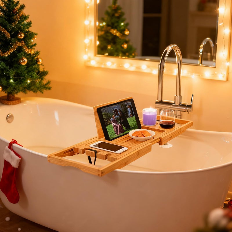 Utoplike Bamboo Bathtub Caddy Tray Bath Tray for Tub, Adjustable Bathroom Bathtub Organizer with Book Tablet Wine Glass Cup Towel Holder (24.5"-37.4") - Image 3